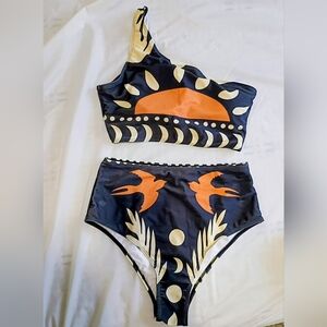 Two-Piece High-Waist Bikini Set in Navy, Orange & Cream